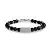 Black faceted stone bead bracelet with stainless steel rings and matte engravable rectangular bead, clasp closed