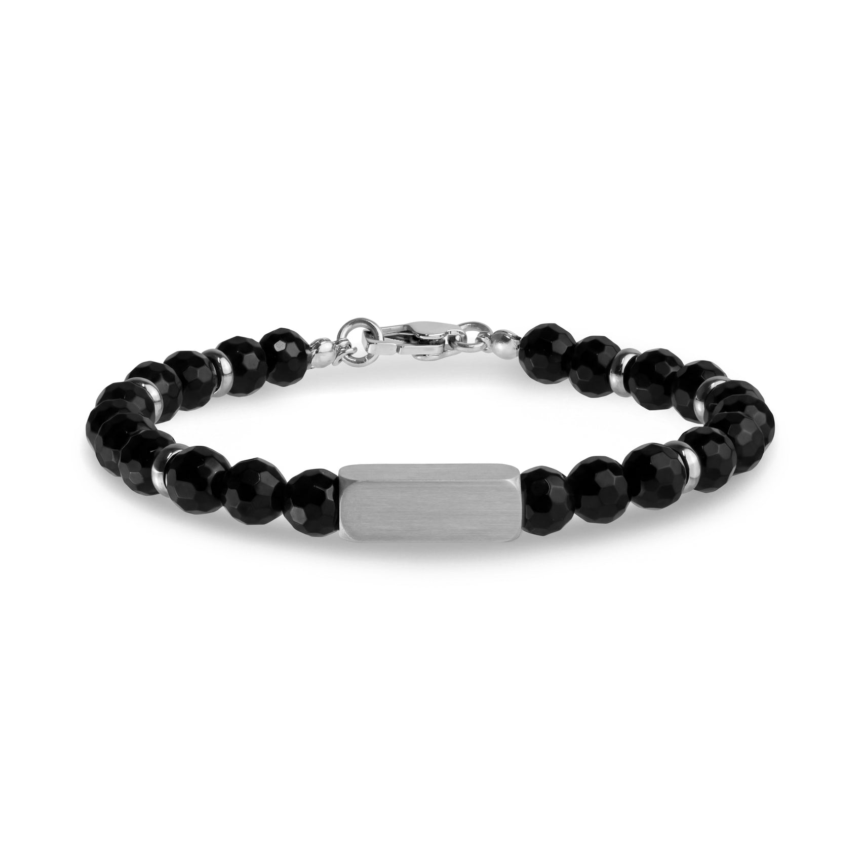 Black faceted stone bead bracelet with stainless steel rings and matte engravable rectangular bead, clasp closed