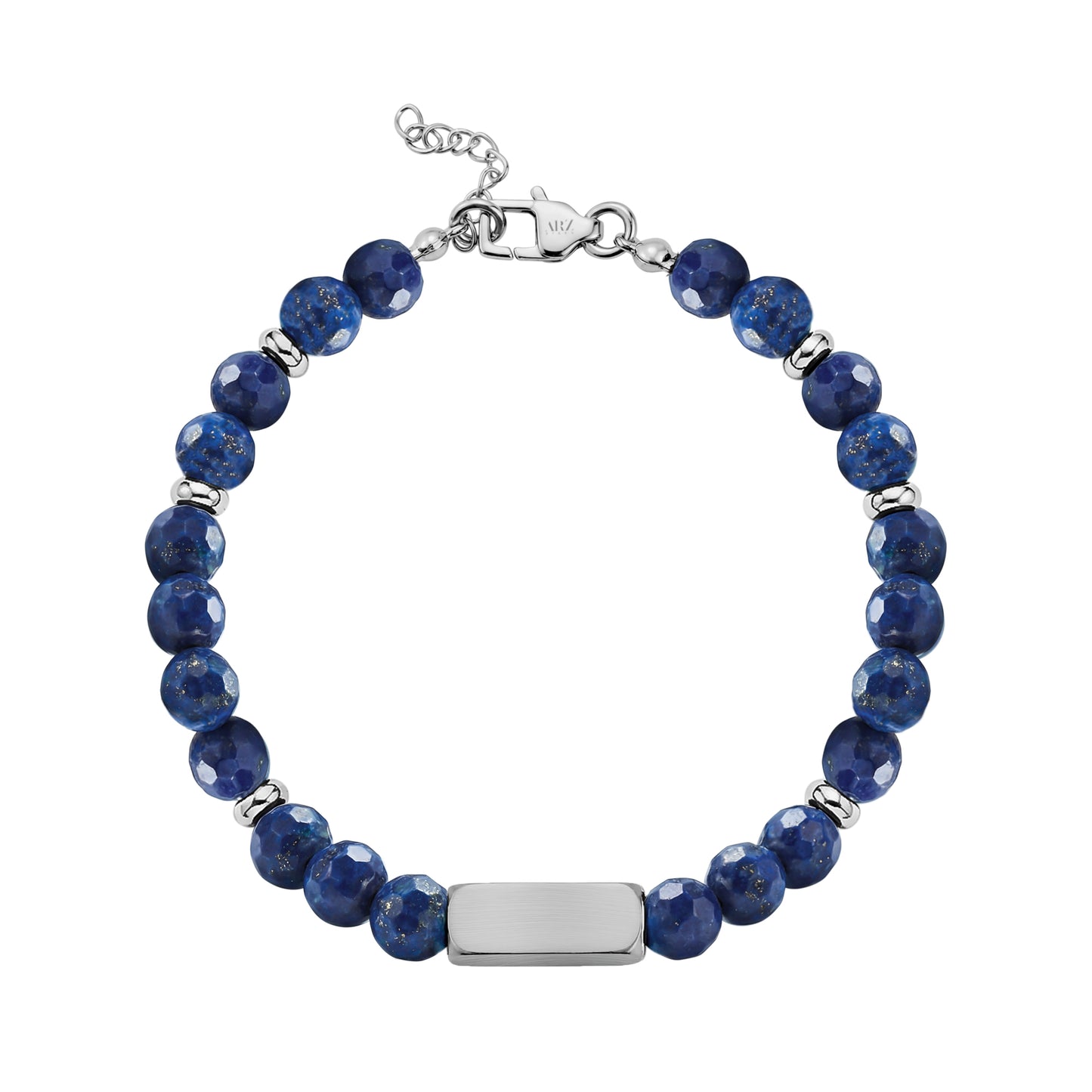 Top view of blue lapis faceted stone bead bracelet showing stainless steel clasp and adjustable chain