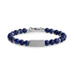 Blue lapis faceted stone bead bracelet with stainless steel rings and matte engravable rectangular bead, clasp closed