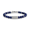 Blue lapis faceted stone bead bracelet with stainless steel rings and matte engravable rectangular bead, clasp closed