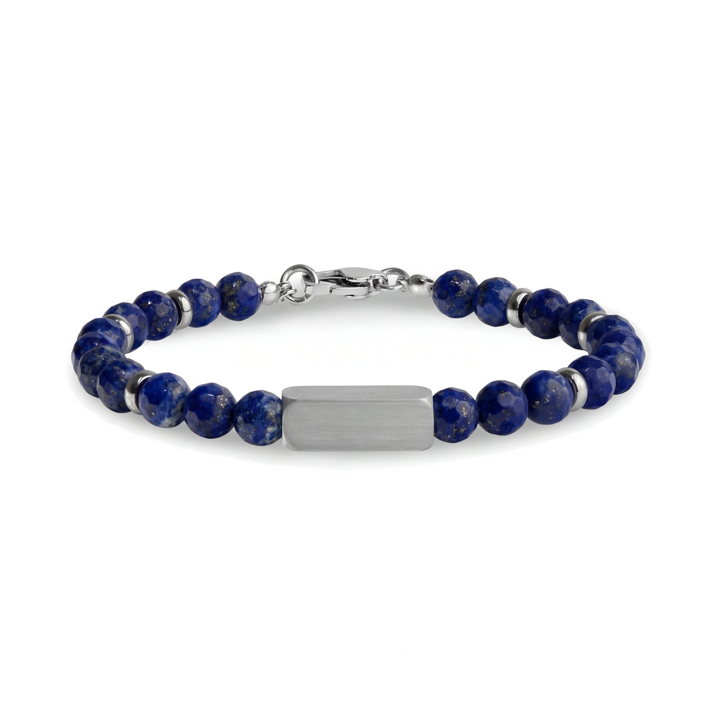 Blue lapis faceted stone bead bracelet with stainless steel rings and matte engravable rectangular bead, clasp closed