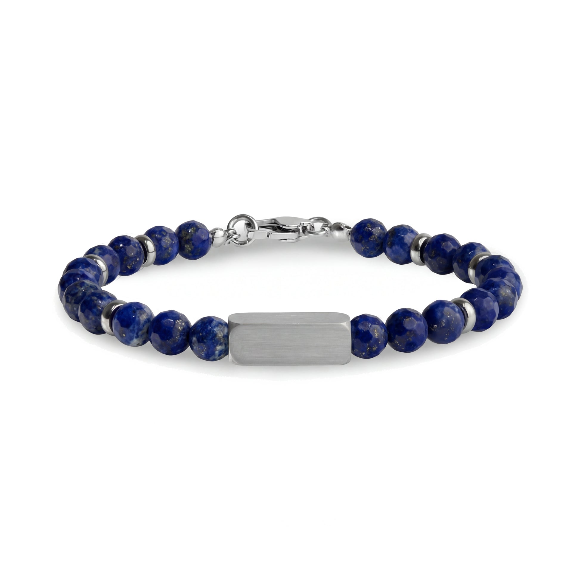 Blue lapis faceted stone bead bracelet with stainless steel rings and matte engravable rectangular bead, clasp closed