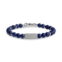 Blue lapis faceted stone bead bracelet with stainless steel rings and matte engravable rectangular bead, clasp closed