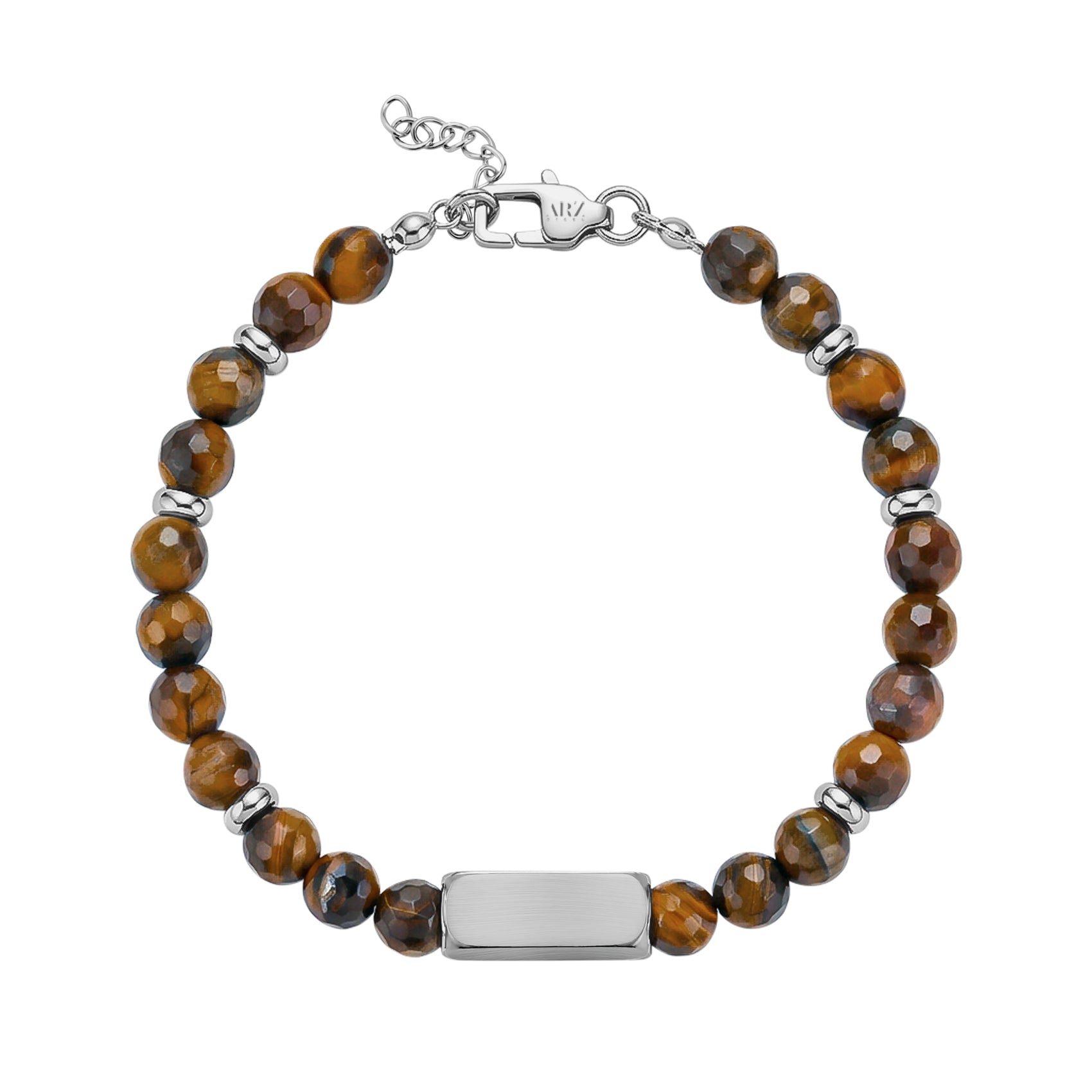Top view of brown tiger eye faceted stone bead bracelet showing stainless steel clasp and adjustable chain