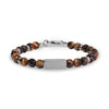 Brown tiger eye faceted stone bead bracelet with stainless steel rings and matte engravable rectangular bead, clasp closed