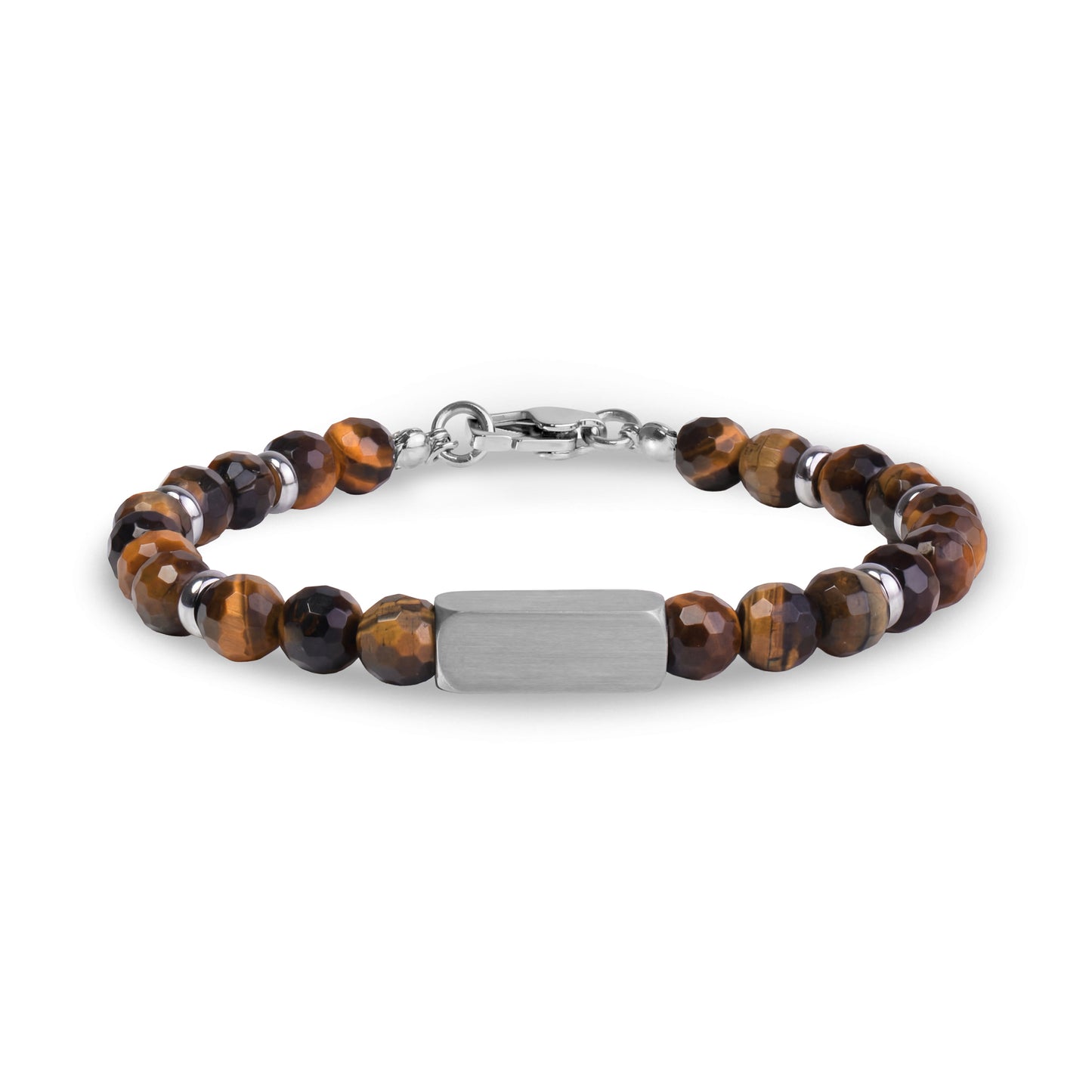 Brown tiger eye faceted stone bead bracelet with stainless steel rings and matte engravable rectangular bead, clasp closed