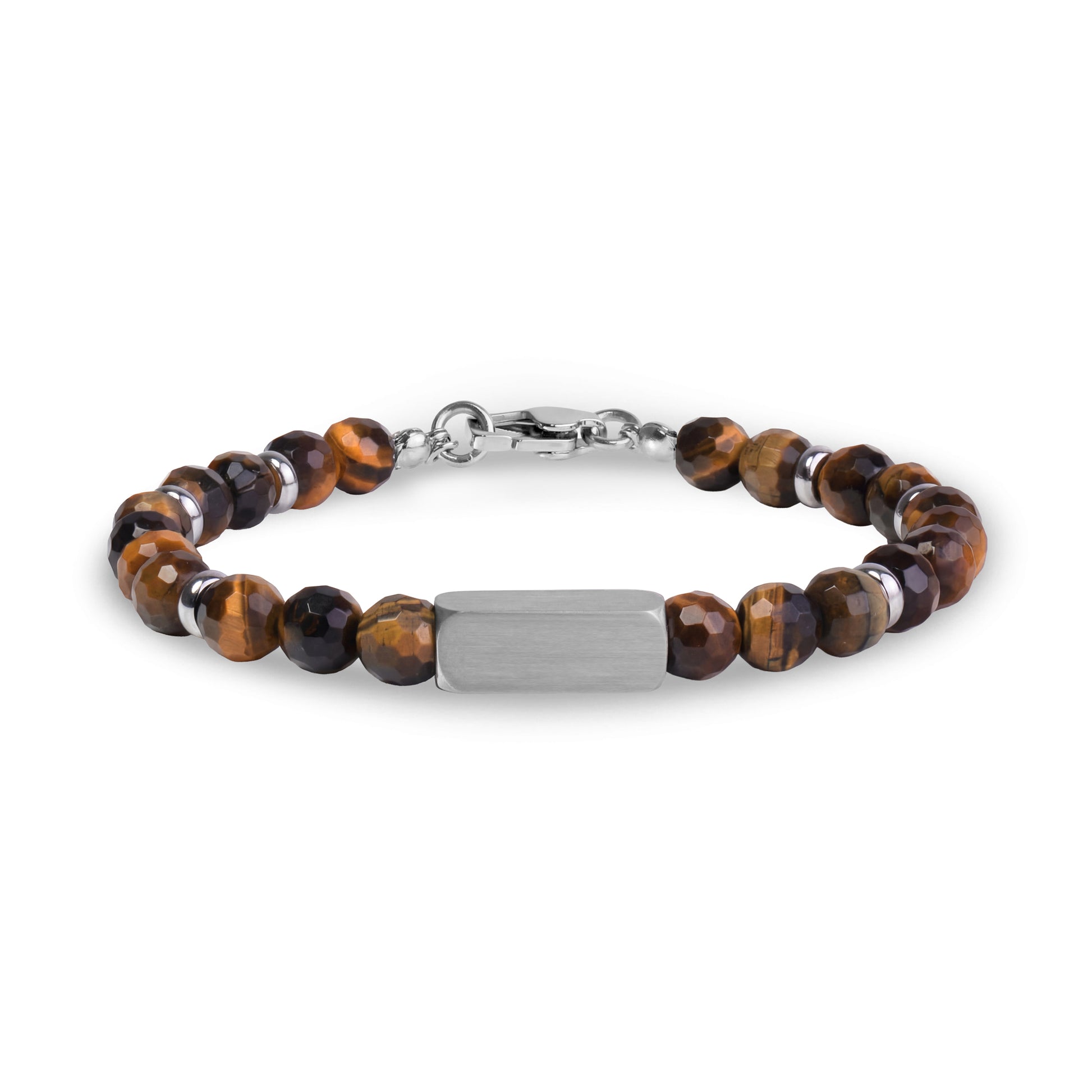 Brown tiger eye faceted stone bead bracelet with stainless steel rings and matte engravable rectangular bead, clasp closed