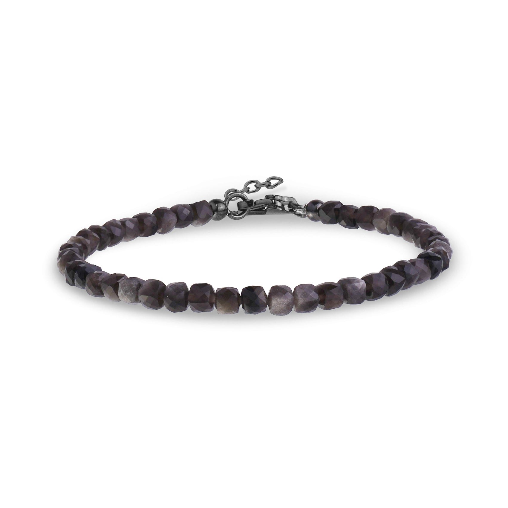 Deep plum faceted obsidian men's bead bracelet with stainless steel clasp and adjustable extension