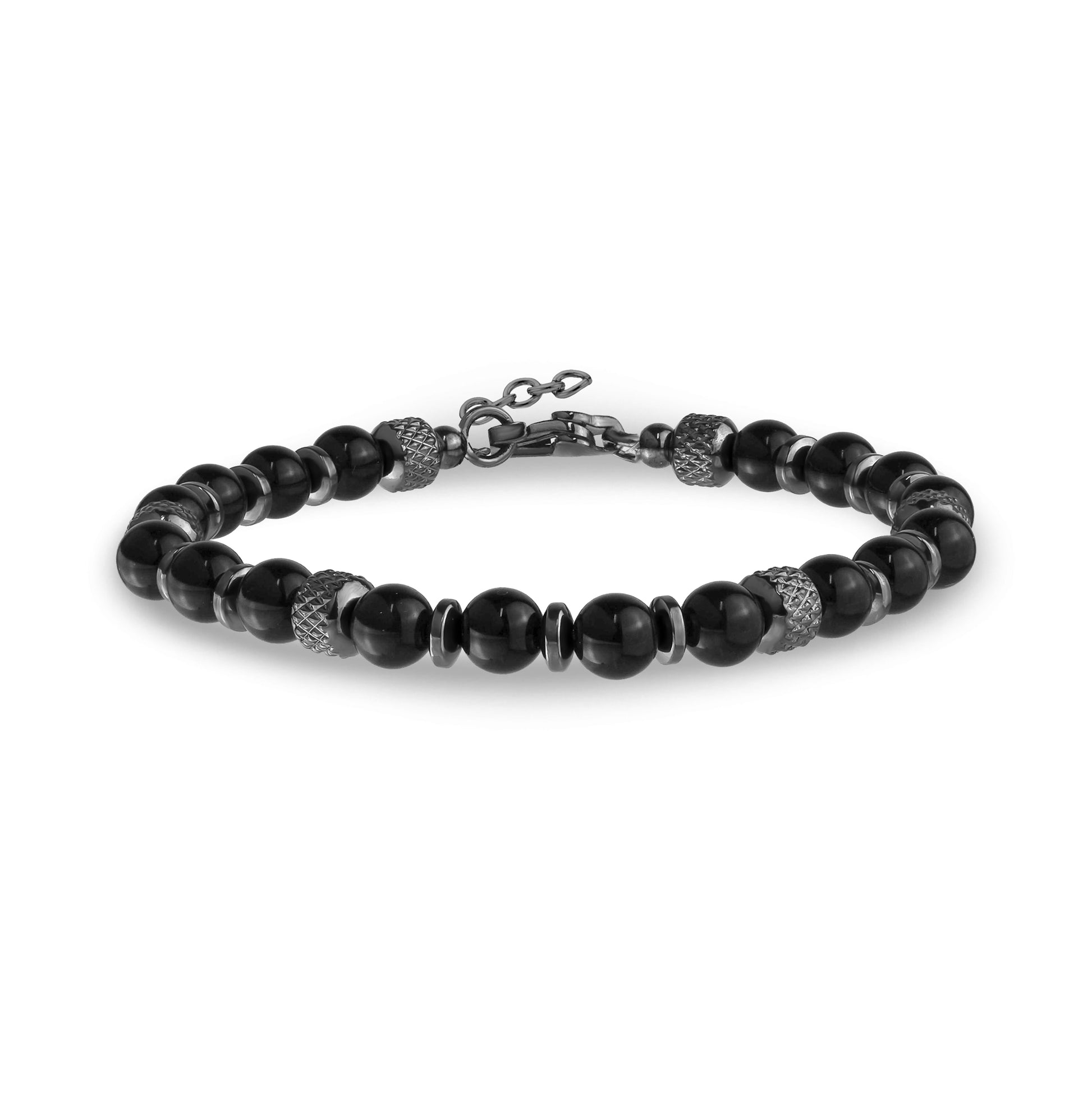 Black Luxe men's beaded bracelet featuring shiny black onyx and gunmetal stainless steel beads on a white background