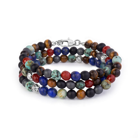 Close up view of triple row multicolor men's stone bead bracelet featuring polished and matte beads with stainless steel clasp