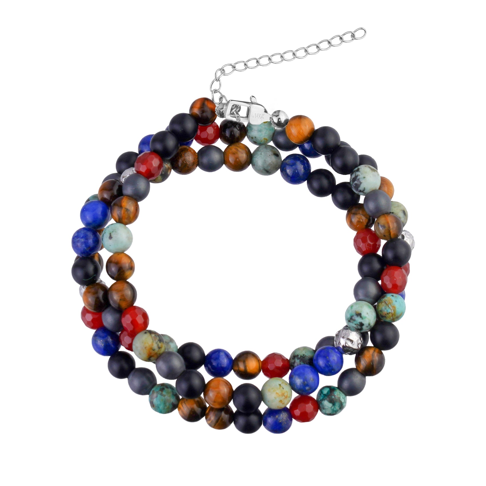 Triple row men's bracelet with colorful beads including turquoise, onyx, tiger eye, red agate, lapis, and hammered steel beads with extension chain