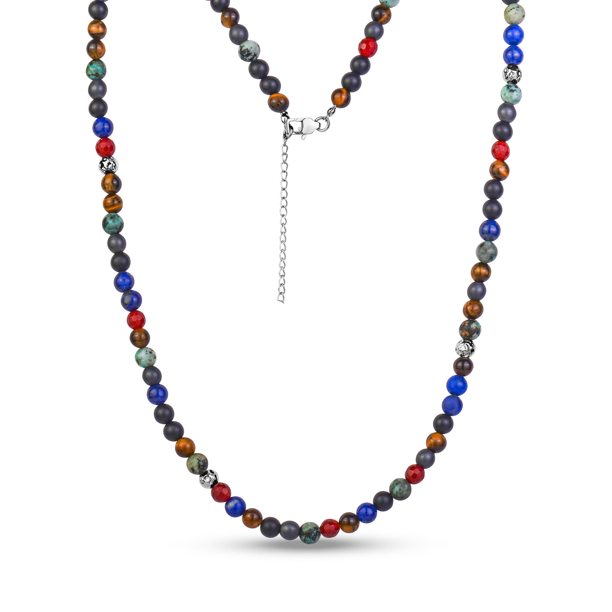 Extended view of colorful stone beaded necklace made from the triple row bracelet beads with stainless steel lobster clasp and adjustable chain