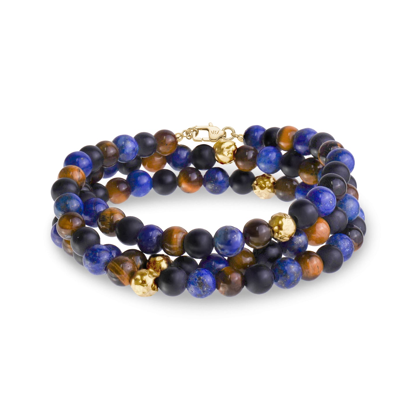 Side angle view of triple row men's bead bracelet showcasing the mix of matte black onyx, blue lapis lazuli, brown tiger eye, and hammered gold steel beads with clasp.