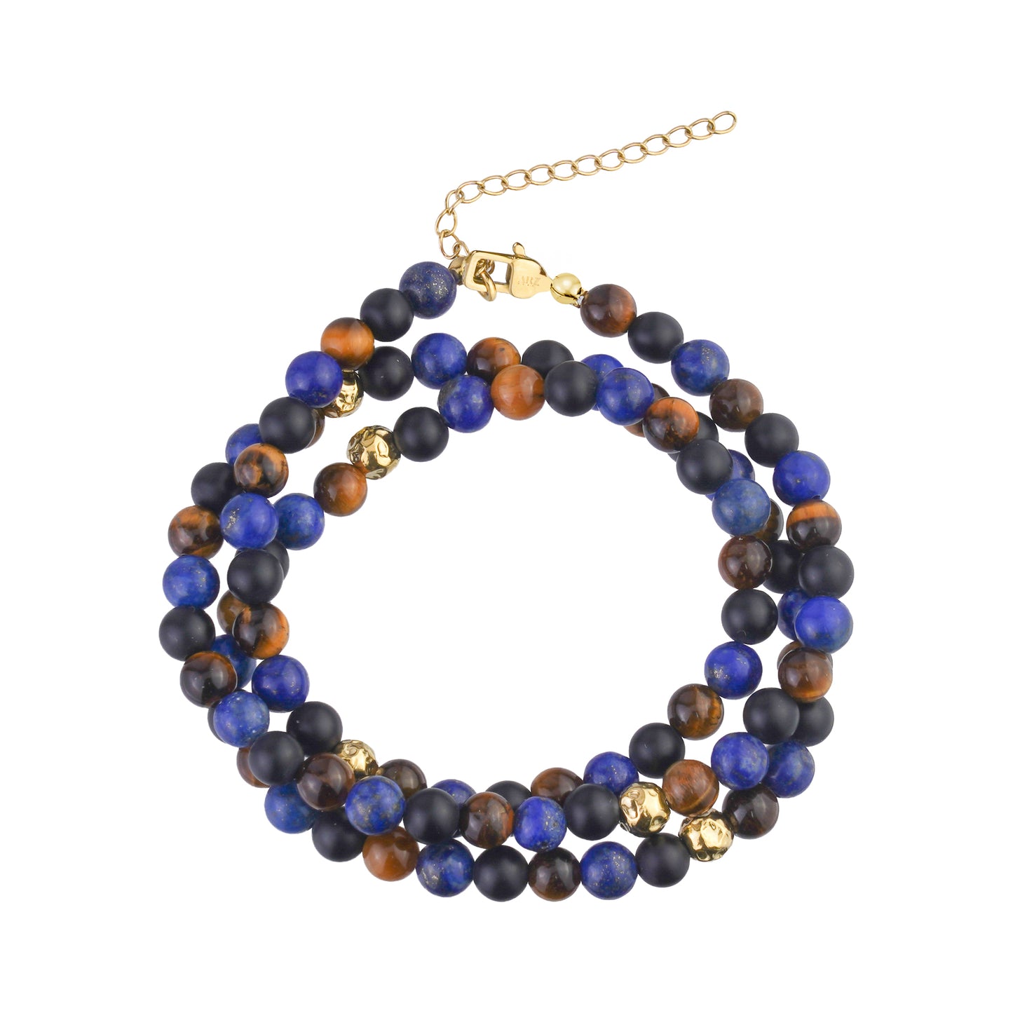 Triple row men's bracelet coiled in circle with matte black onyx, brown tiger eye, lapis lazuli, and hammered gold steel beads with gold clasp and extension.