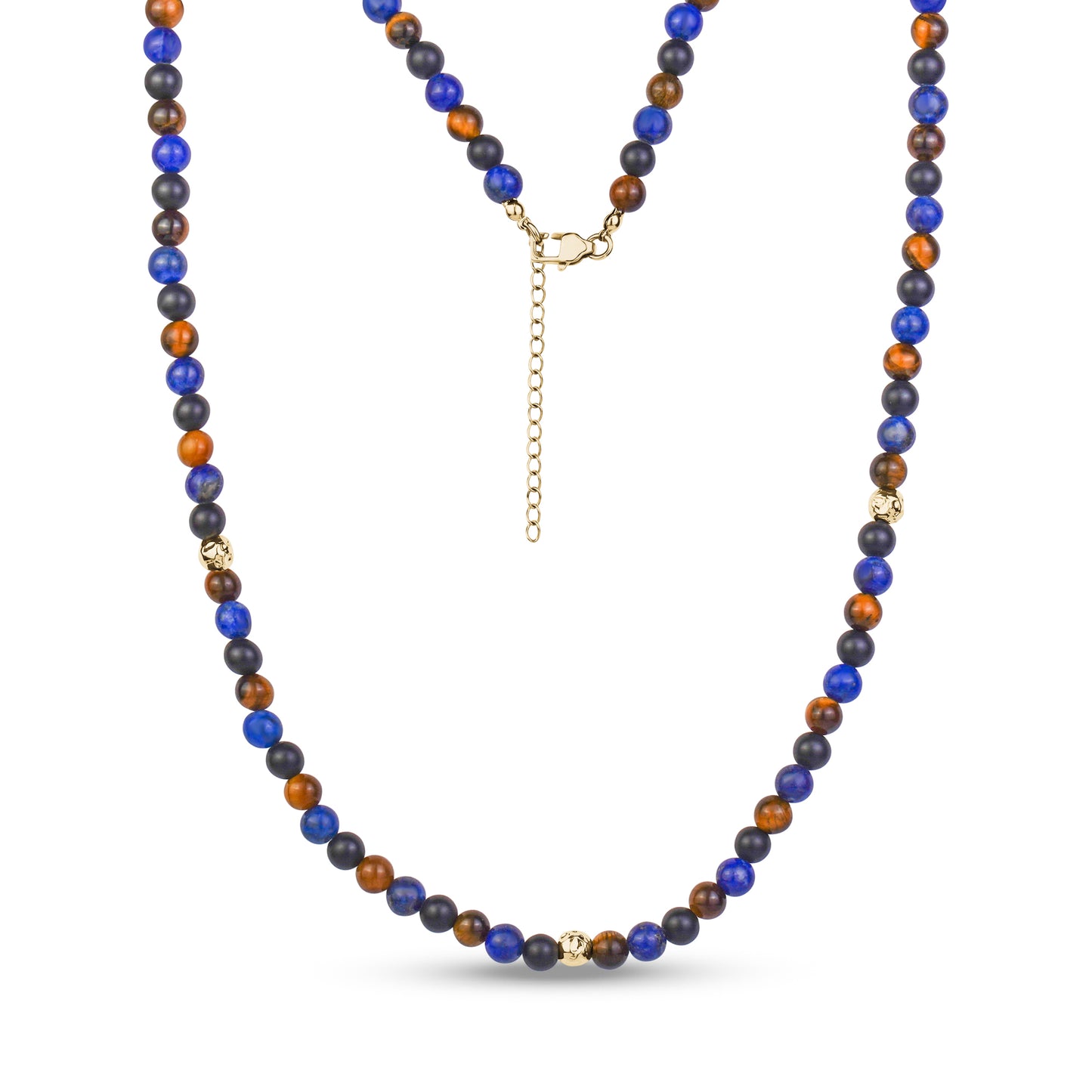 Extended view of men's beaded necklace made from matte black onyx, lapis lazuli, tiger eye, and gold hammered steel beads with gold lobster clasp and chain extension.
