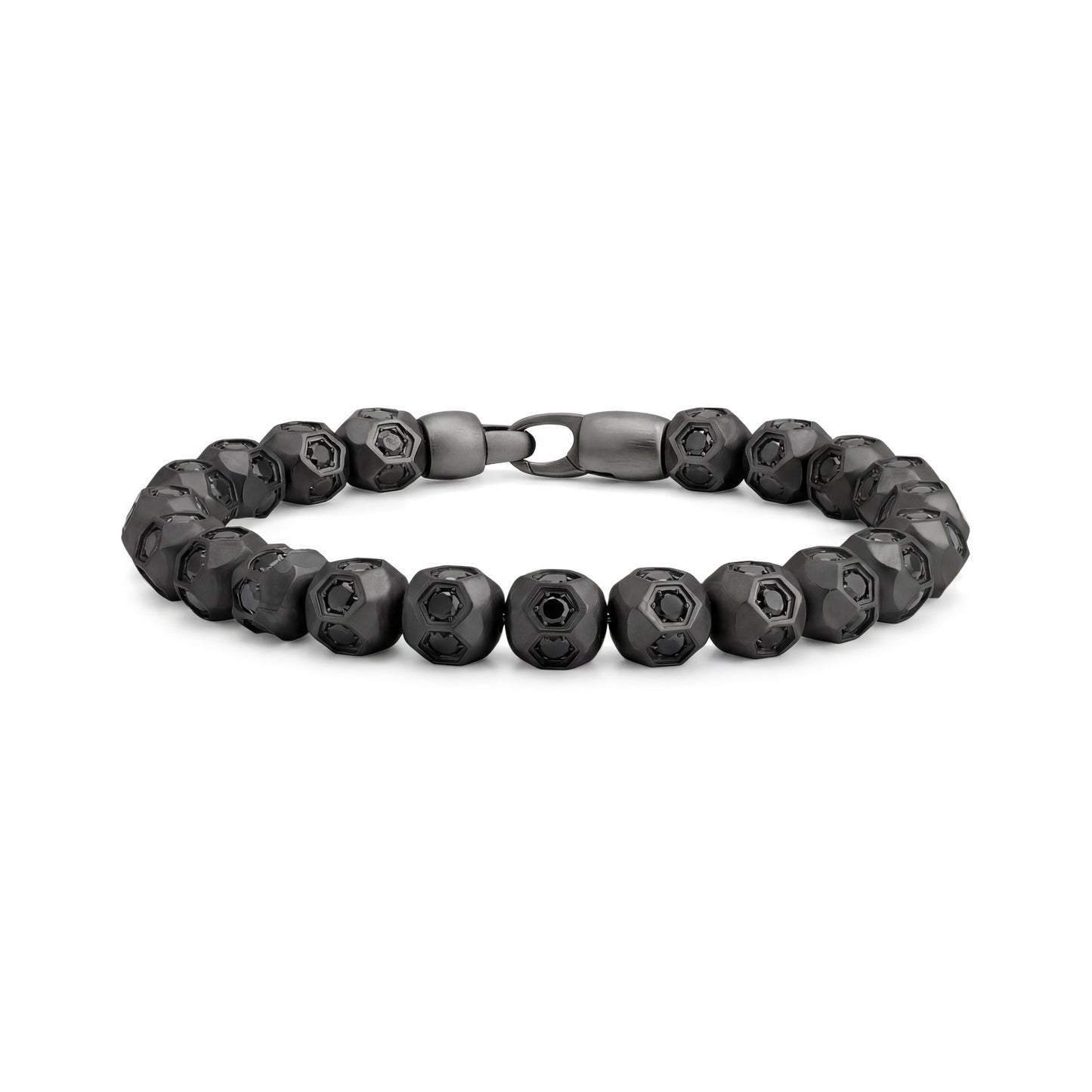 Matte black soccer bead bracelet with black cubic zirconia stones and gunmetal clasp shown on white background