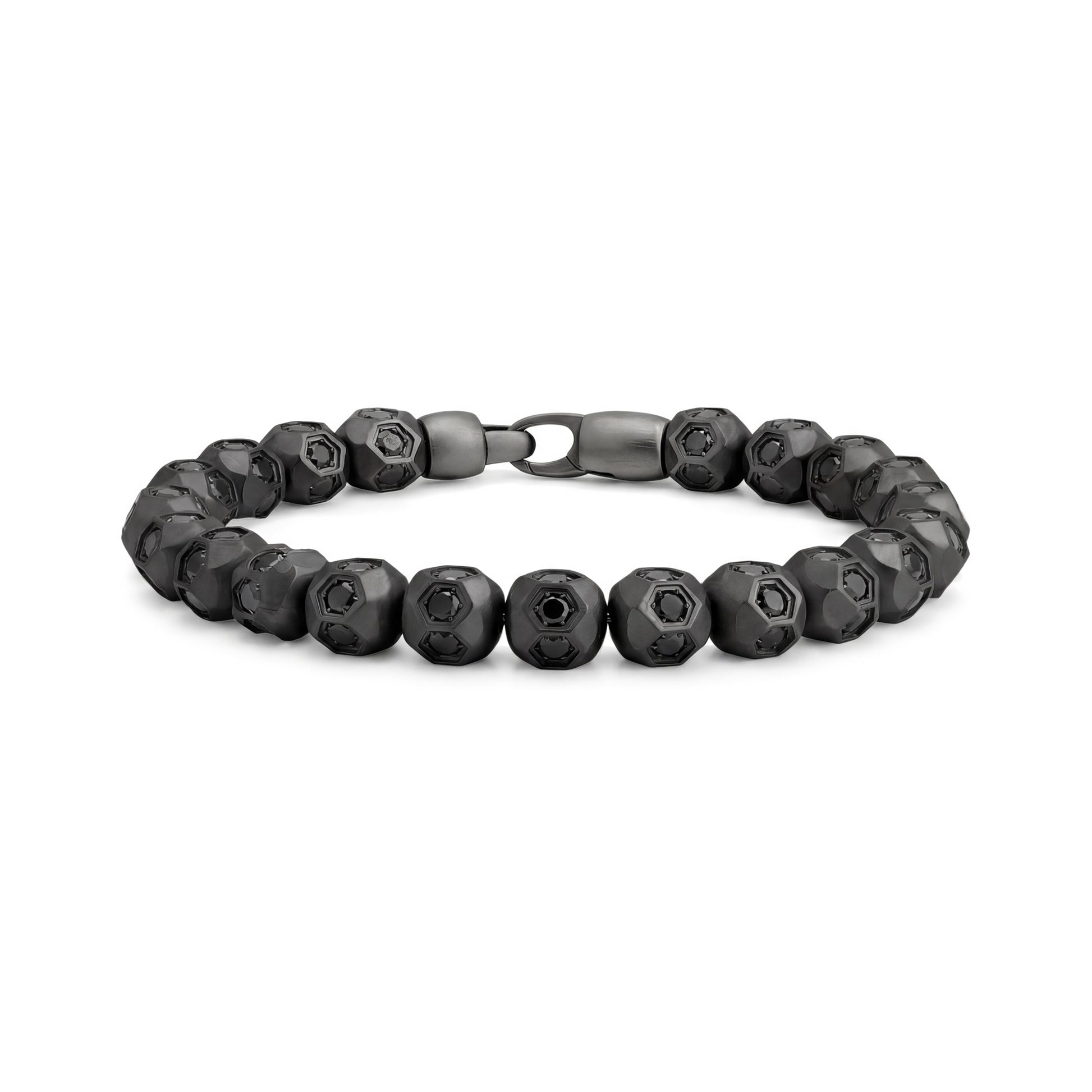 Matte black soccer bead bracelet with black cubic zirconia stones and gunmetal clasp shown on white background