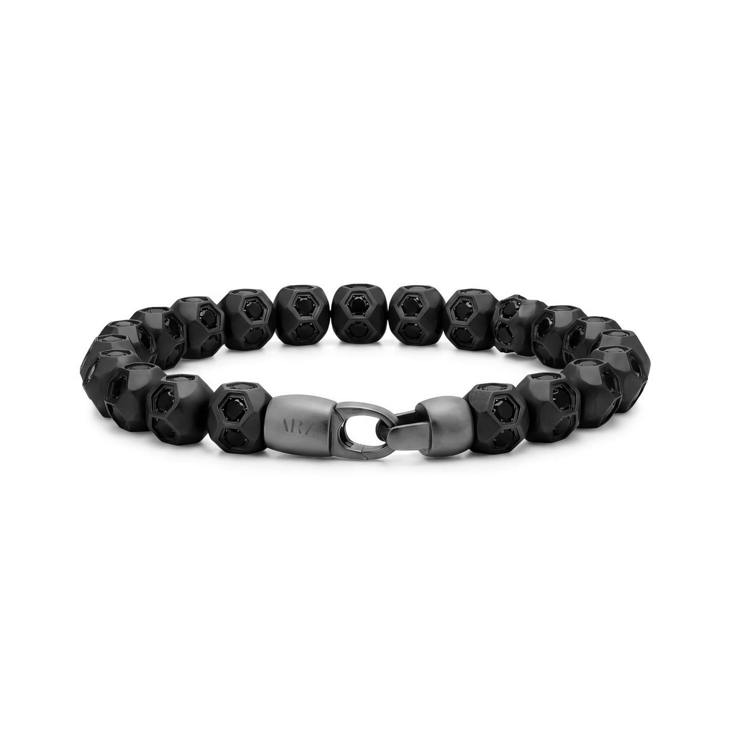 Close-up of black matte soccer bead bracelet highlighting the clasp and bezel-set black cubic zirconia stones