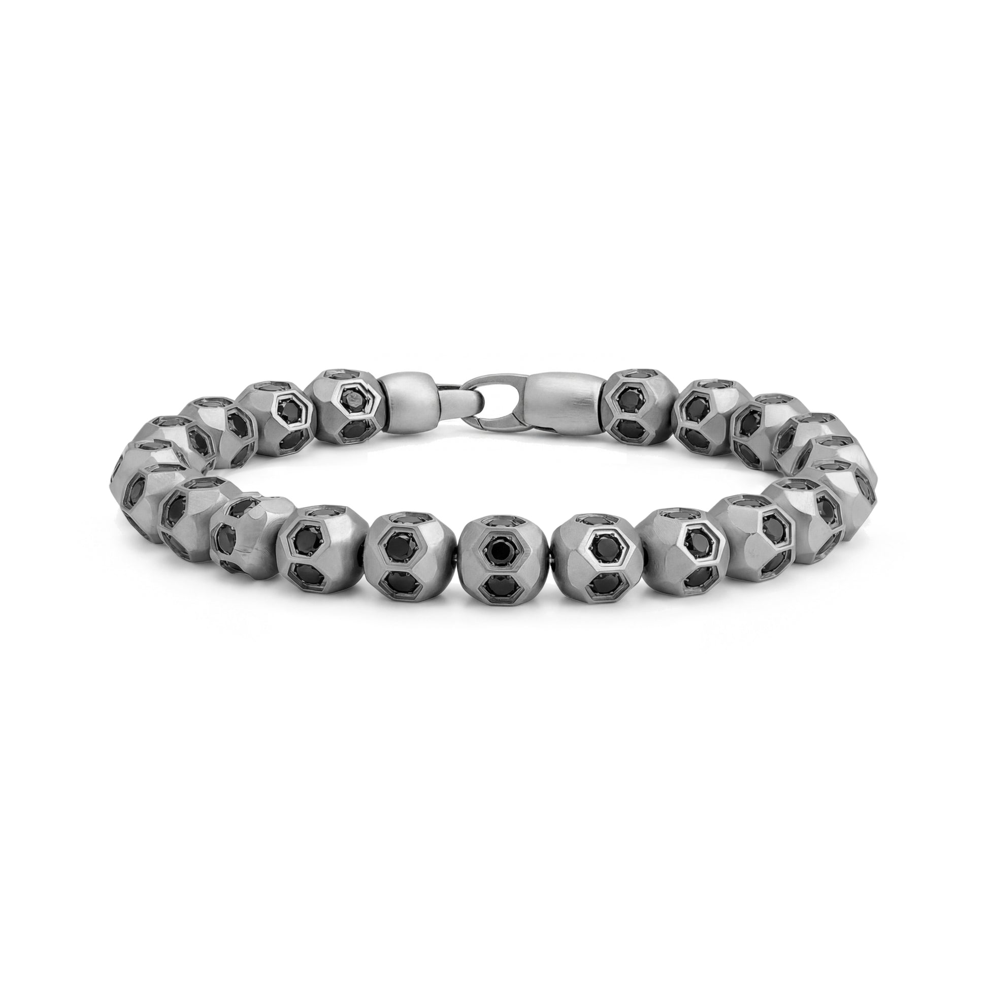 Close-up image of the matte silver soccer bead bracelet with black cubic zirconia stones and gunmetal clasp