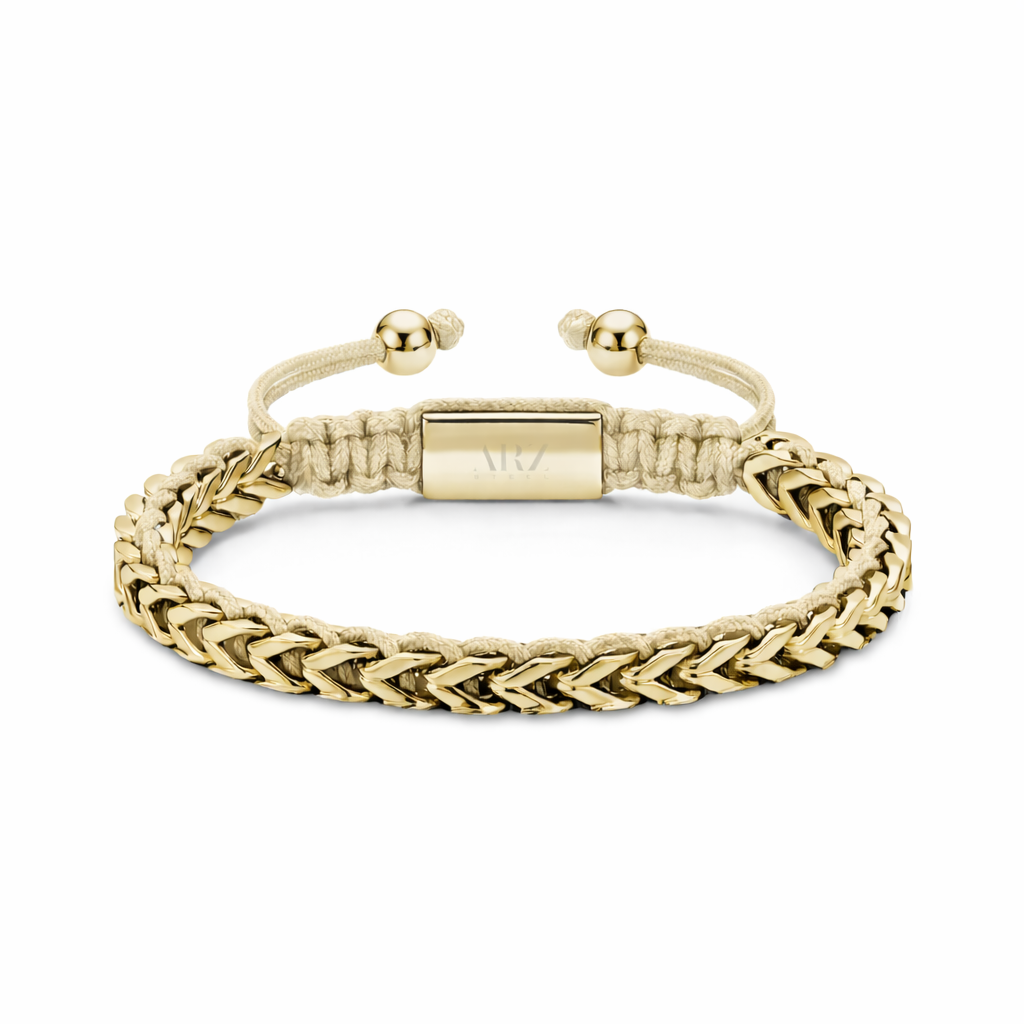 Men's gold-tone stainless steel tethered Franco link bracelet with beige braided cord and gold shamballah clasp