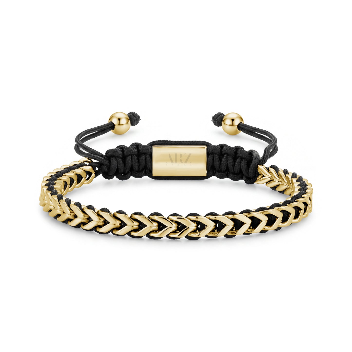 Men's gold-tone stainless steel tethered Franco link bracelet with black braided cord and gold shamballah clasp