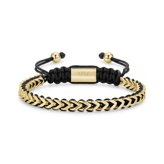Men's gold-tone stainless steel tethered Franco link bracelet with black braided cord and gold shamballah clasp