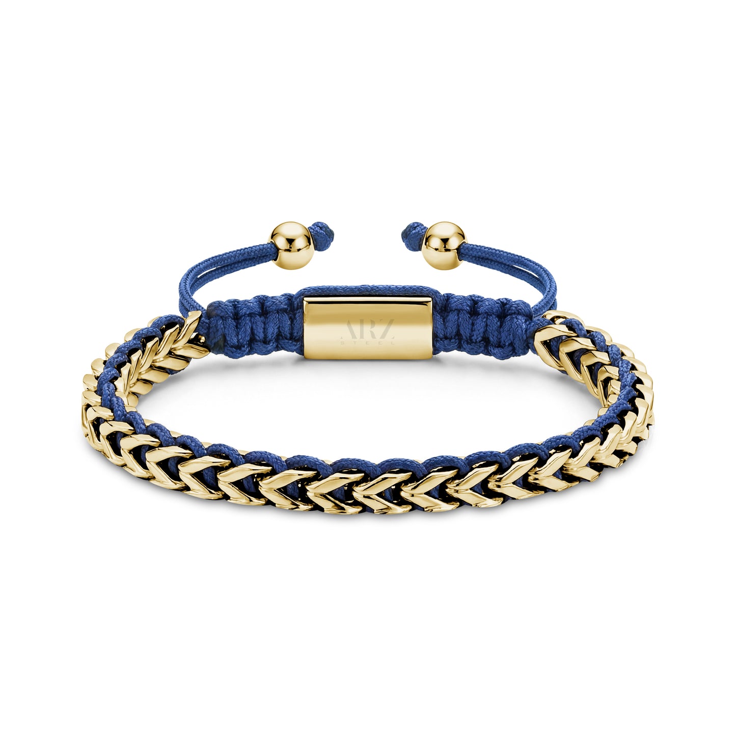 Men's gold-tone stainless steel tethered Franco link bracelet with blue braided cord and gold shamballah clasp