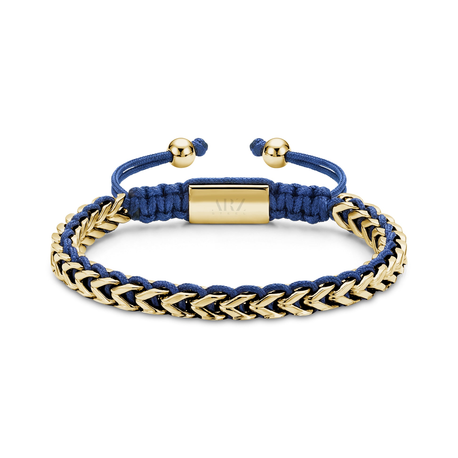 Men's gold-tone stainless steel tethered Franco link bracelet with blue braided cord and gold shamballah clasp