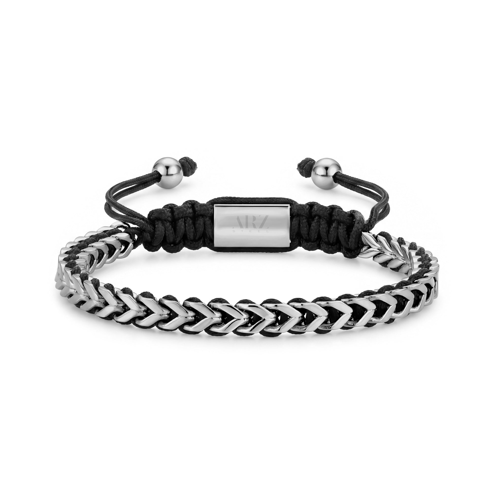 Men's stainless steel tethered Franco link bracelet with black braided cord and silver shamballah clasp