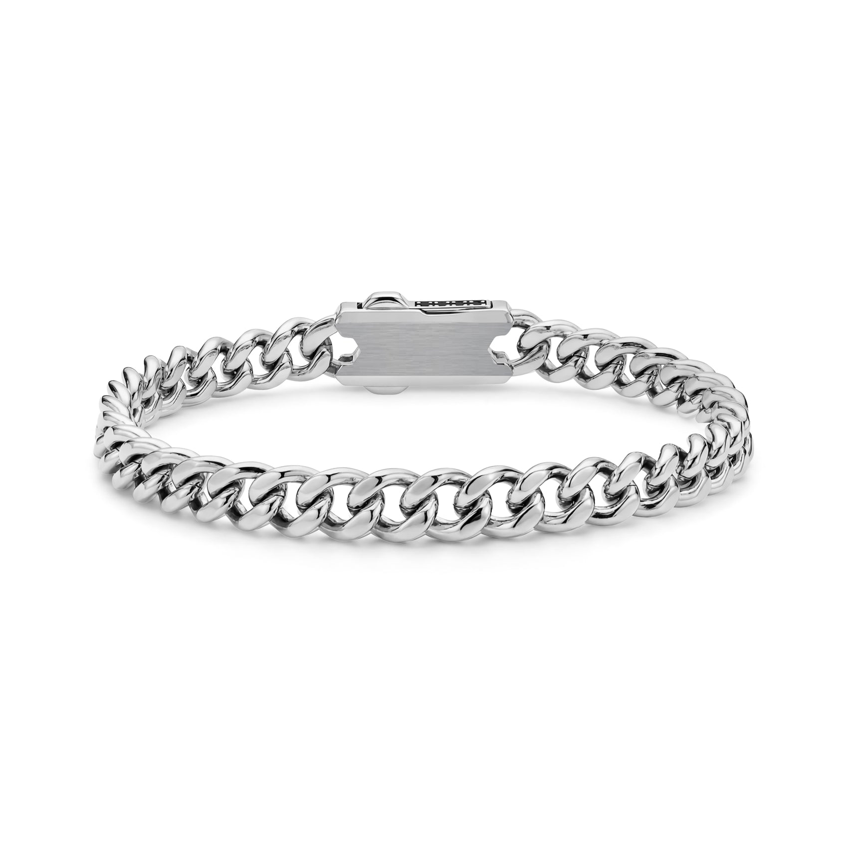 Back view of stainless steel Cuban link bracelet showing smooth clasp surface