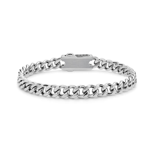 Back view of stainless steel Cuban link bracelet showing smooth clasp surface