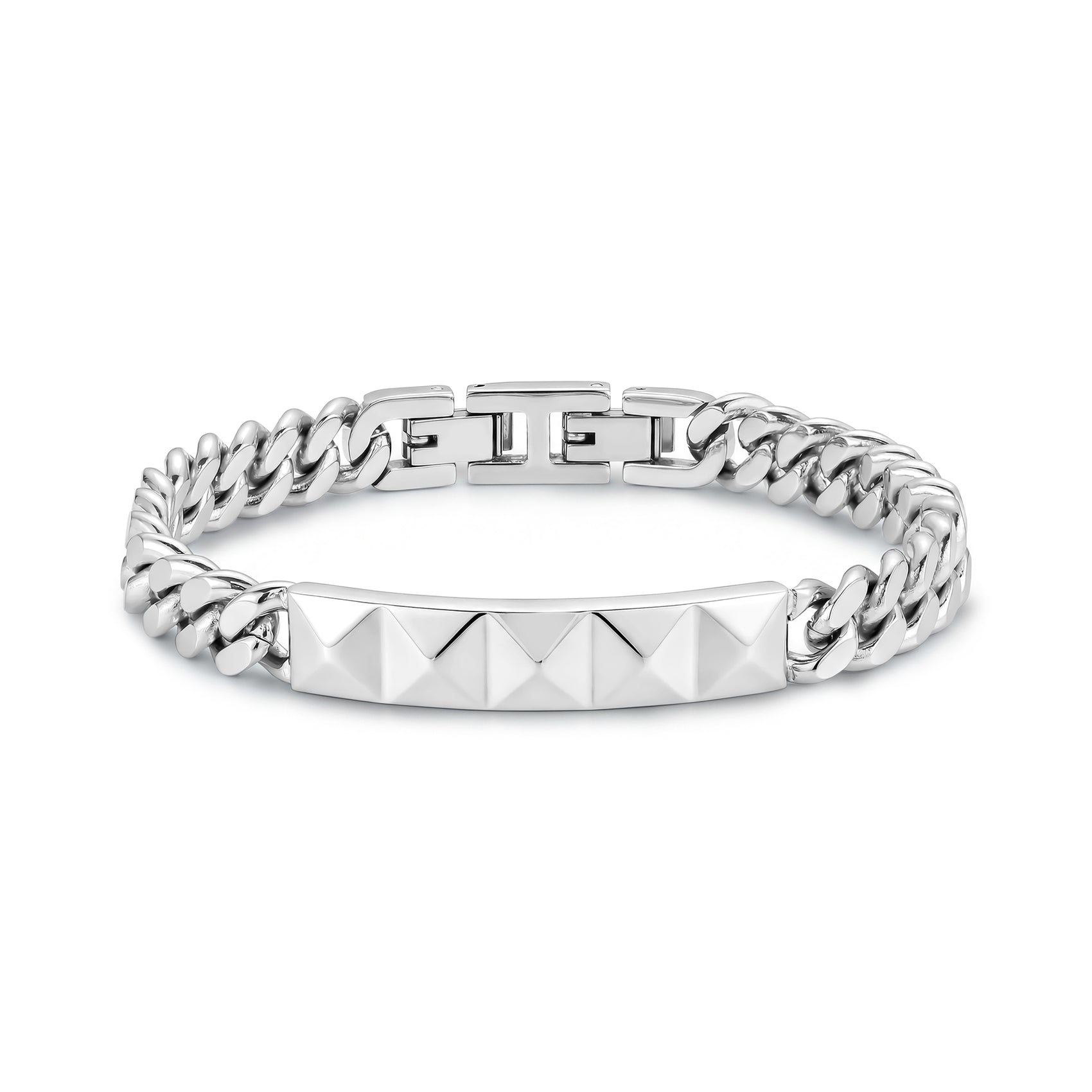 Pyramid faceted ID bracelet with 8mm wide Cuban link chain in polished silver stainless steel