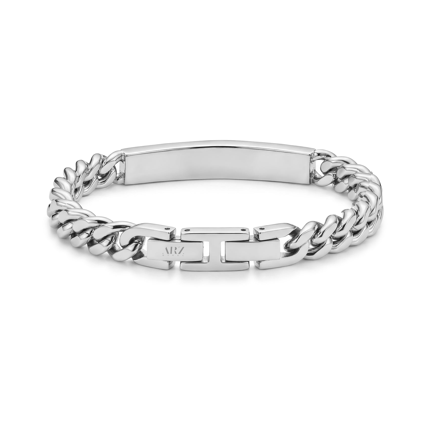 Back view of stainless steel Cuban link ID bracelet showing extra clasp extension and engravable inside plate