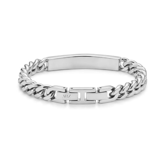 Back view of stainless steel Cuban link ID bracelet showing extra clasp extension and engravable inside plate
