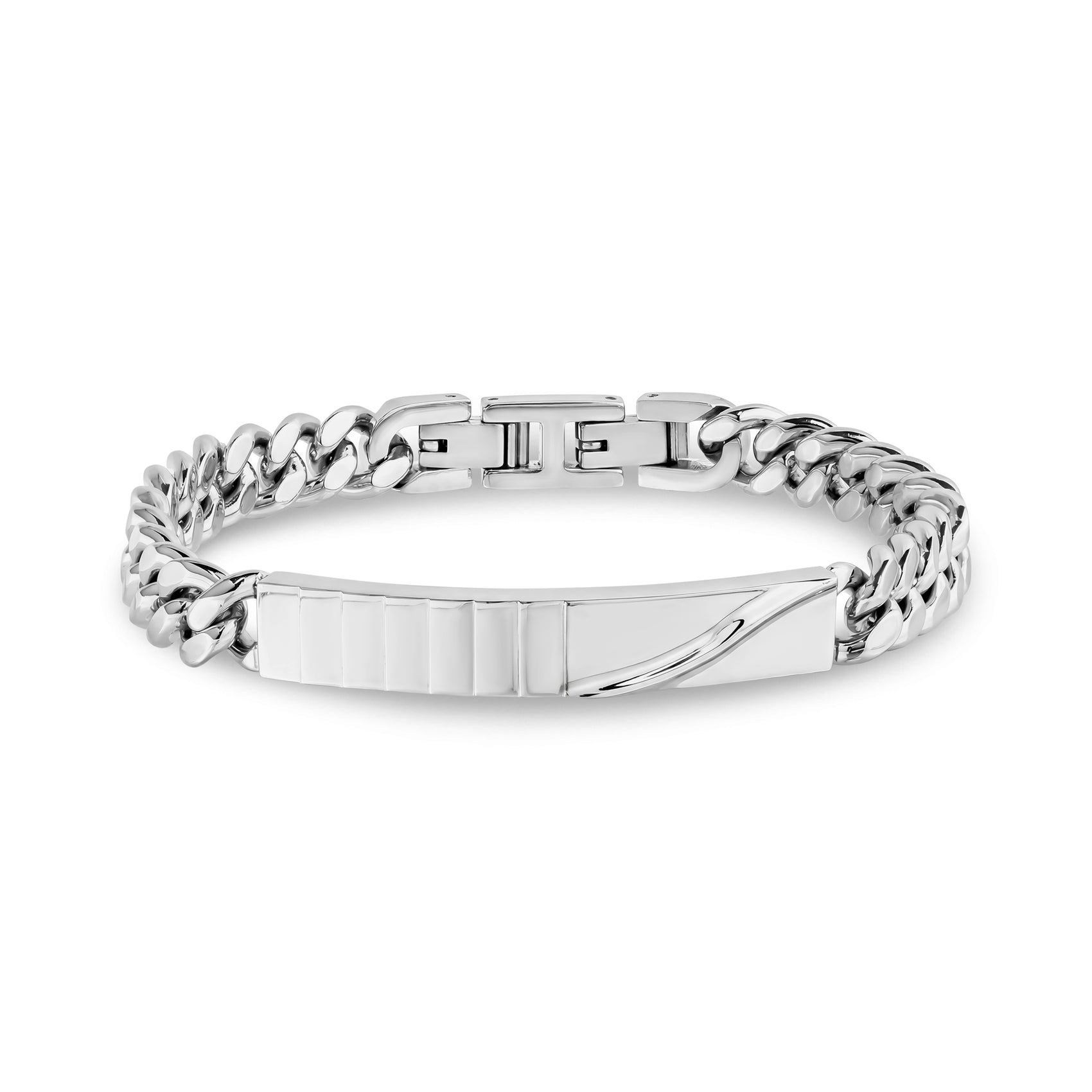 Sculpted curve stainless steel ID bracelet with stylish Cuban link chain and clasp extension