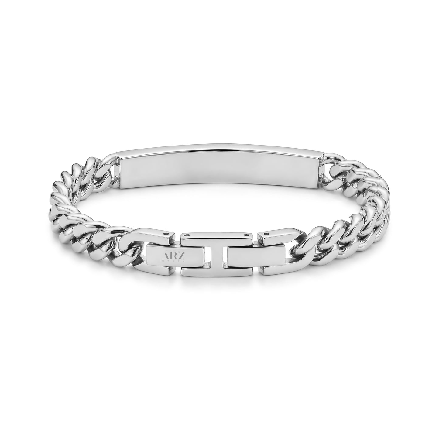 Back view of pyramid faceted ID bracelet showing smooth engravable inside plate and secure clasp extension