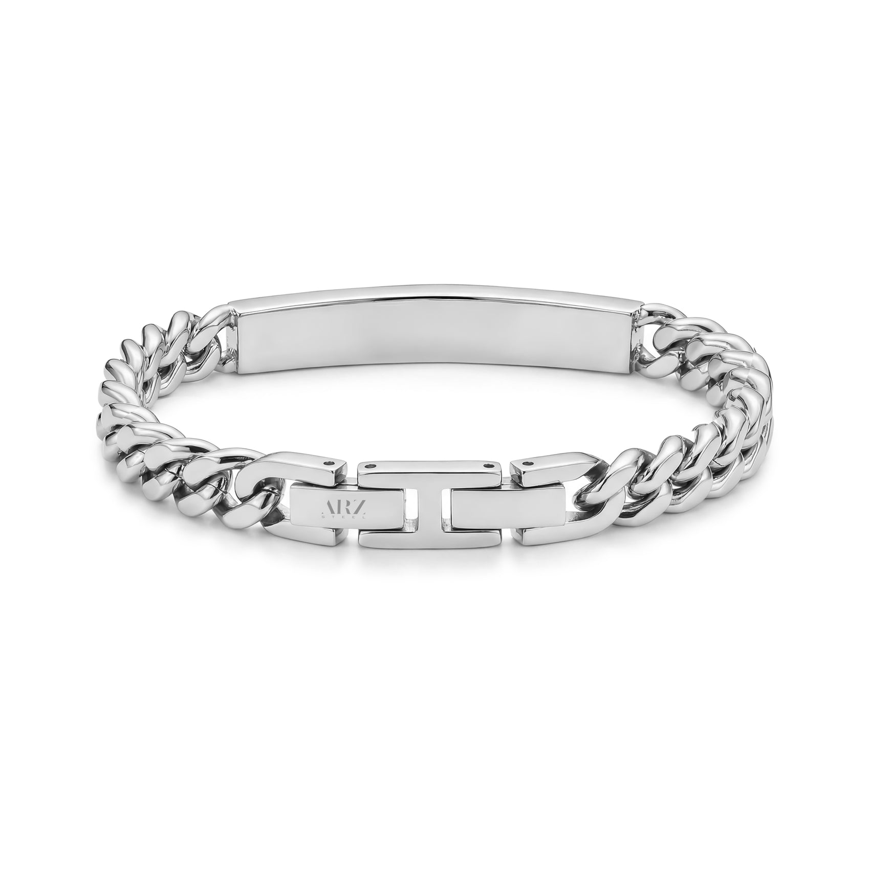 Back view of pyramid faceted ID bracelet showing smooth engravable inside plate and secure clasp extension