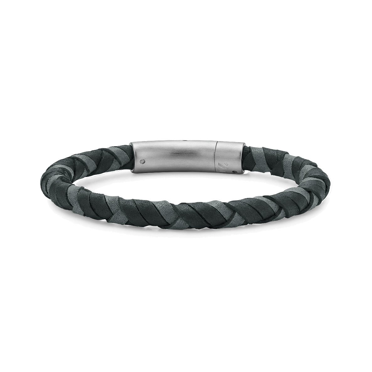Nightfall braided black and grey leather men's bracelet with matte stainless steel clasp shown on white background