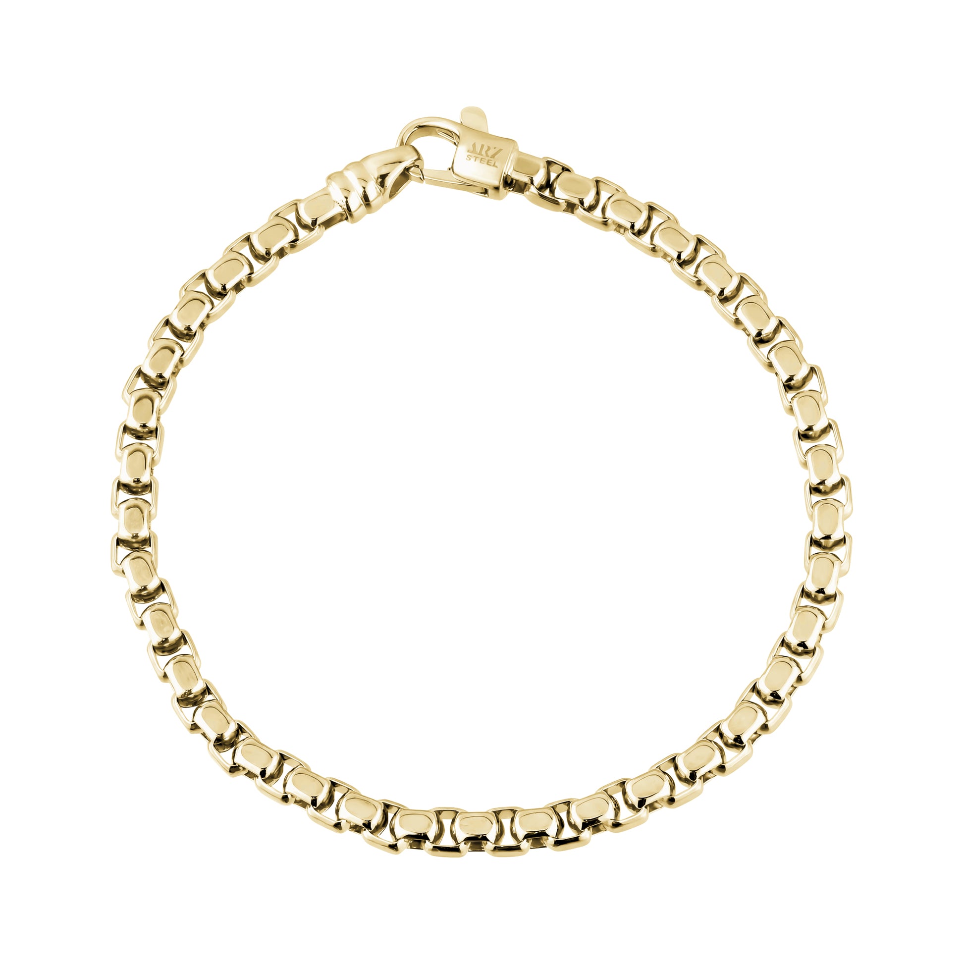 Flat layout of men's gold-tone essential round box link bracelet showing round box link design