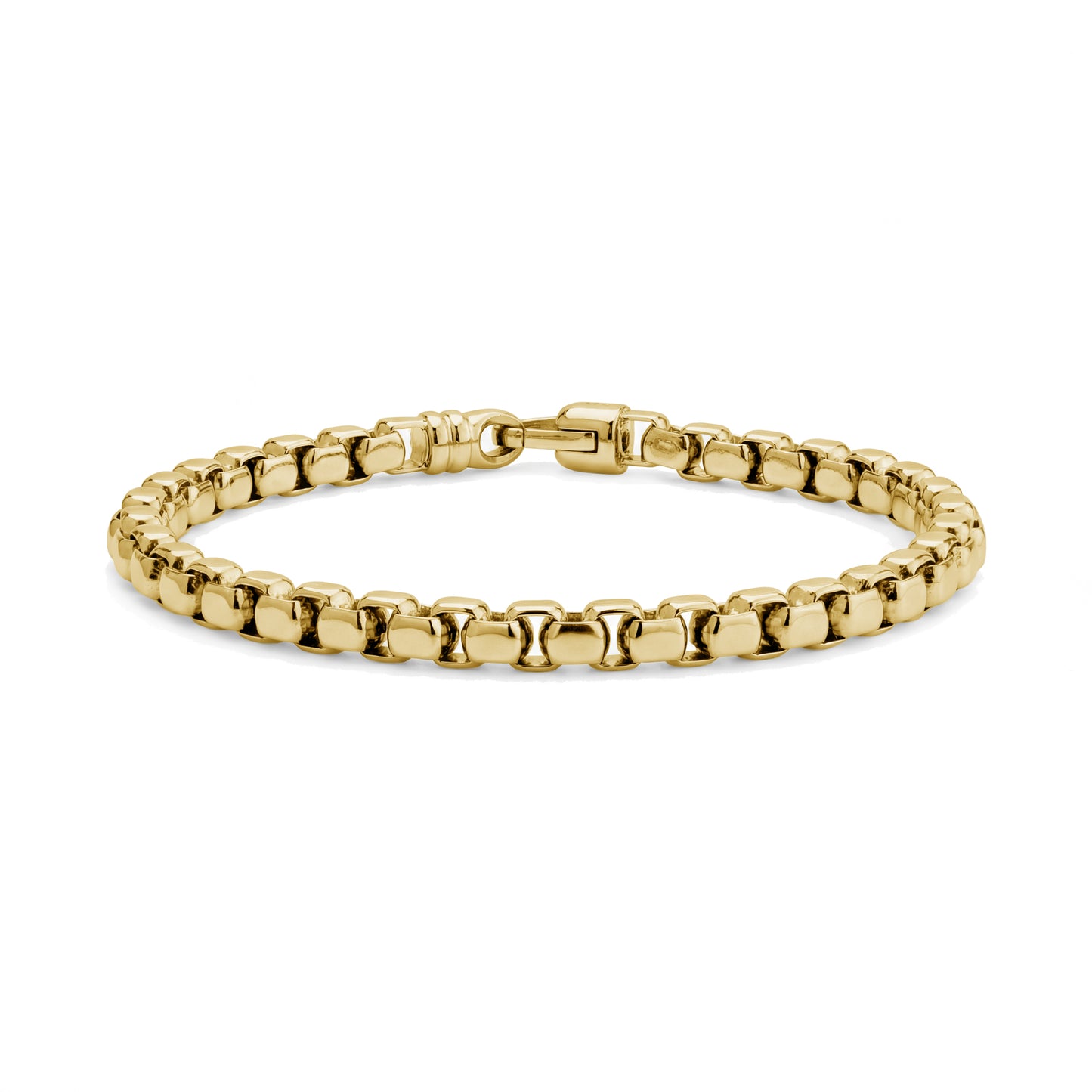 Close-up of polished gold-tone essential round box link bracelet with custom lobster clasp