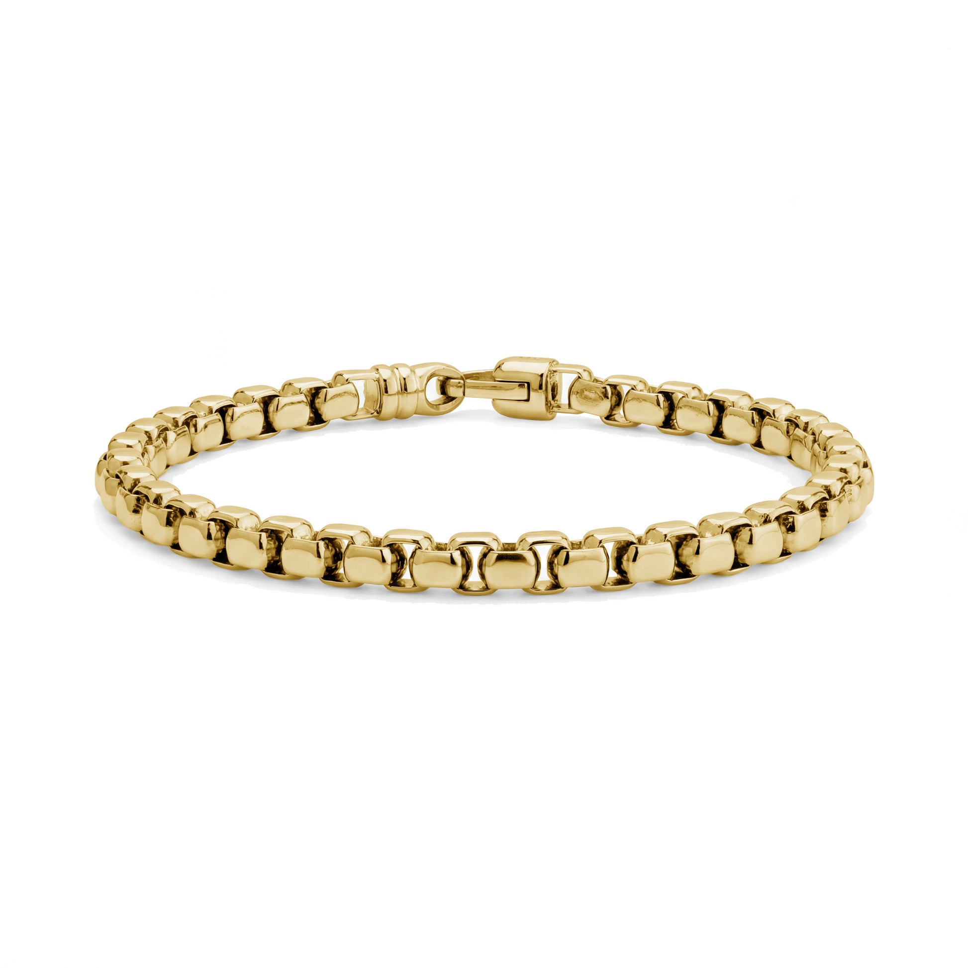 Close-up of polished gold-tone essential round box link bracelet with custom lobster clasp