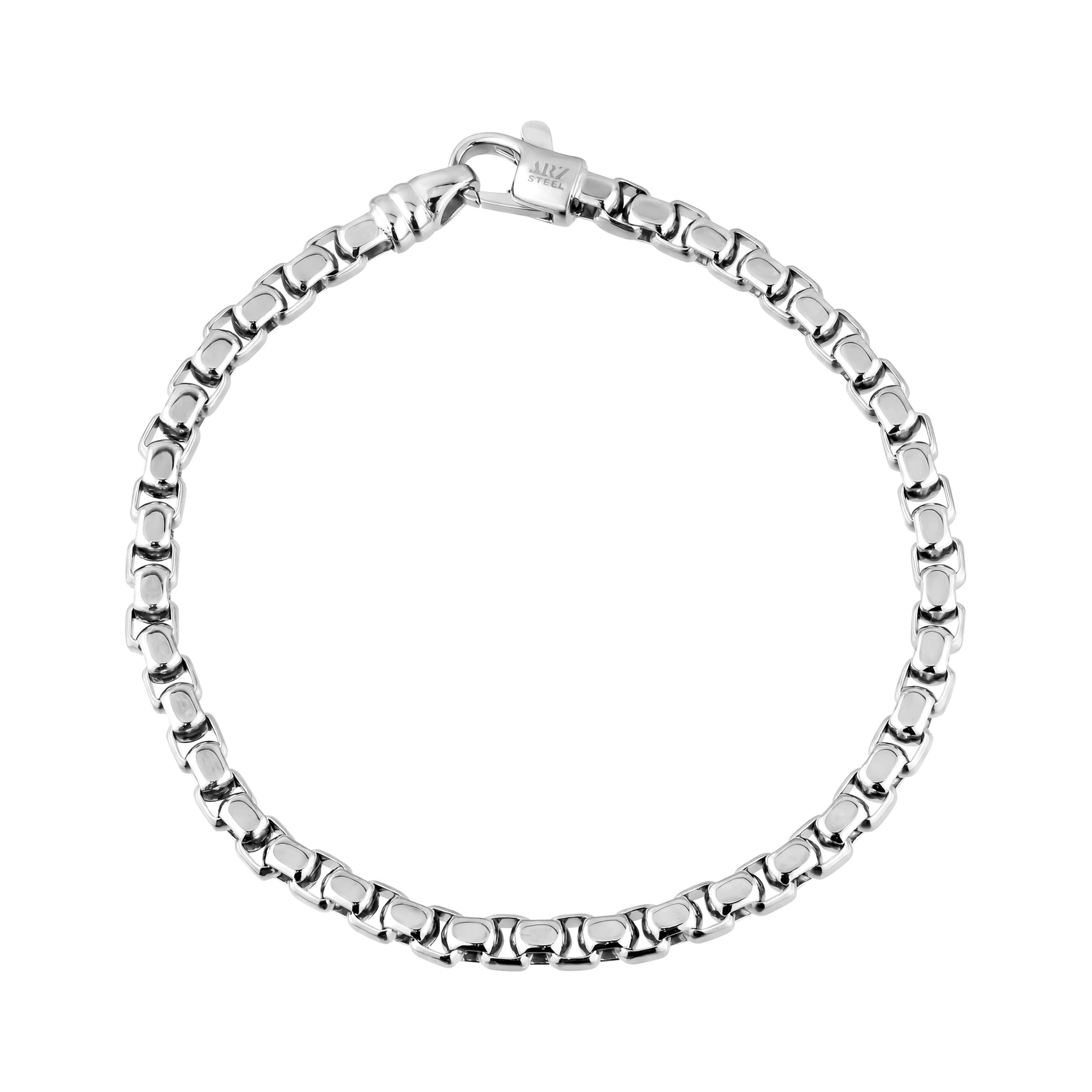 Full view of men's essential round box link bracelet in polished stainless steel laid flat