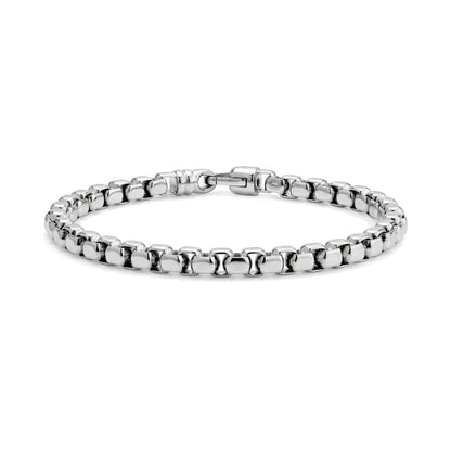 Close-up of polished stainless steel essential round box link bracelet with custom lobster clasp