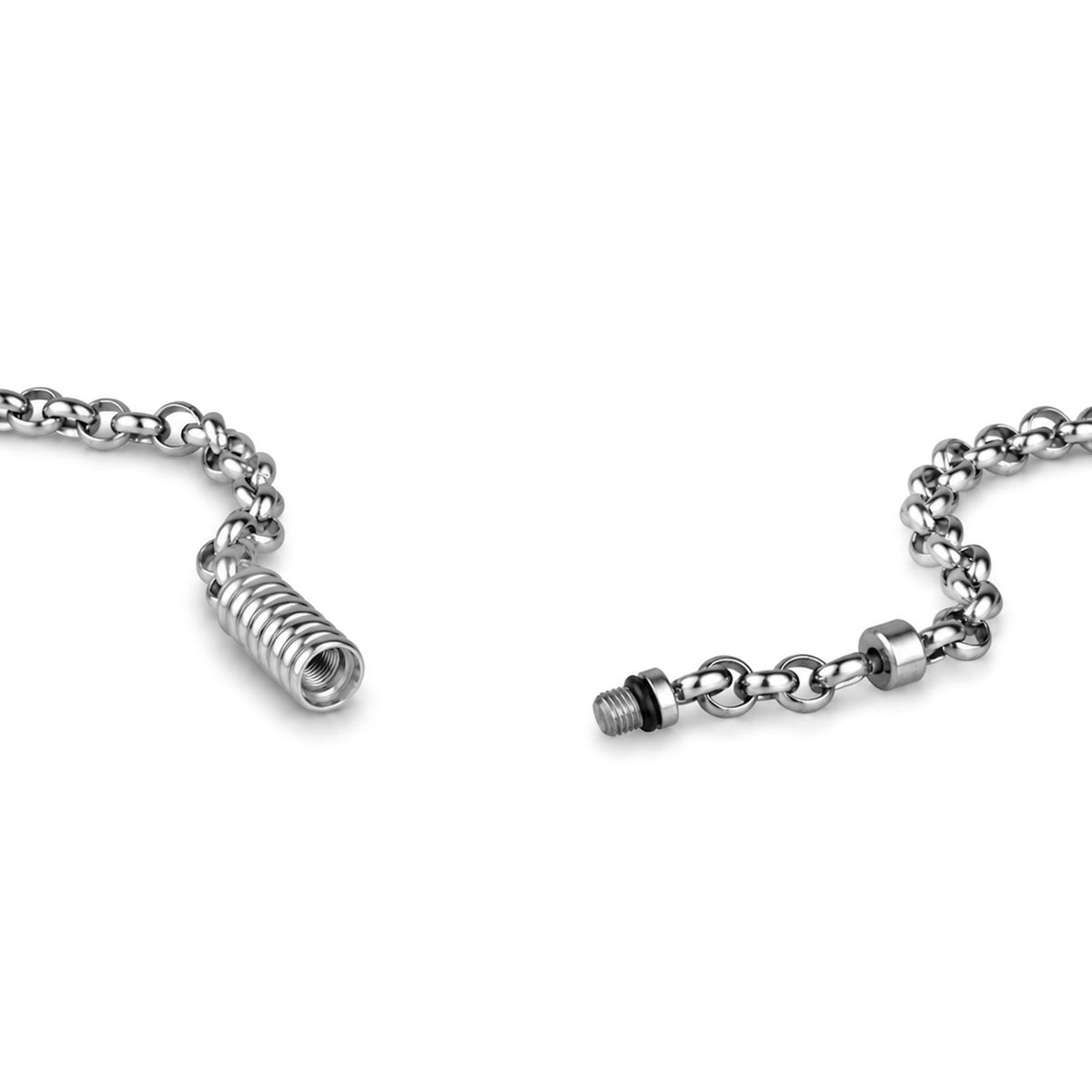 Silver ribbed capsule urn bracelet laid flat, showing rolo chain links and cylindrical ash-holder charm