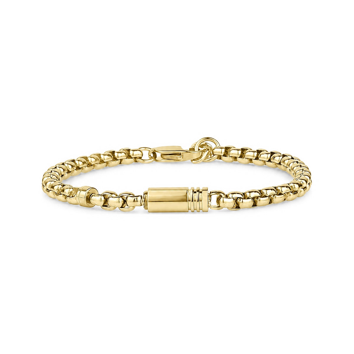 Gold box link bracelet capsule unscrewed, showing threaded screw closure for ash or keepsake fill