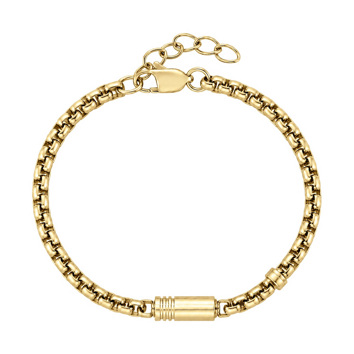 Gold round box link urn bracelet laid flat with lobster clasp and adjustable extension chain