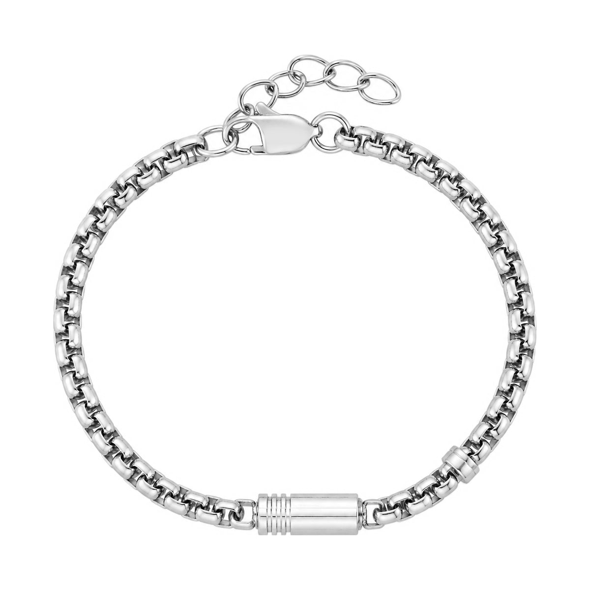 Silver box link bracelet capsule unscrewed, revealing hollow waterproof chamber for ashes or keepsakes