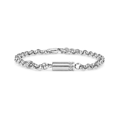 Silver rolo chain memorial bracelet capsule unscrewed, showing threaded closure and bezel-set lab diamonds around the open end