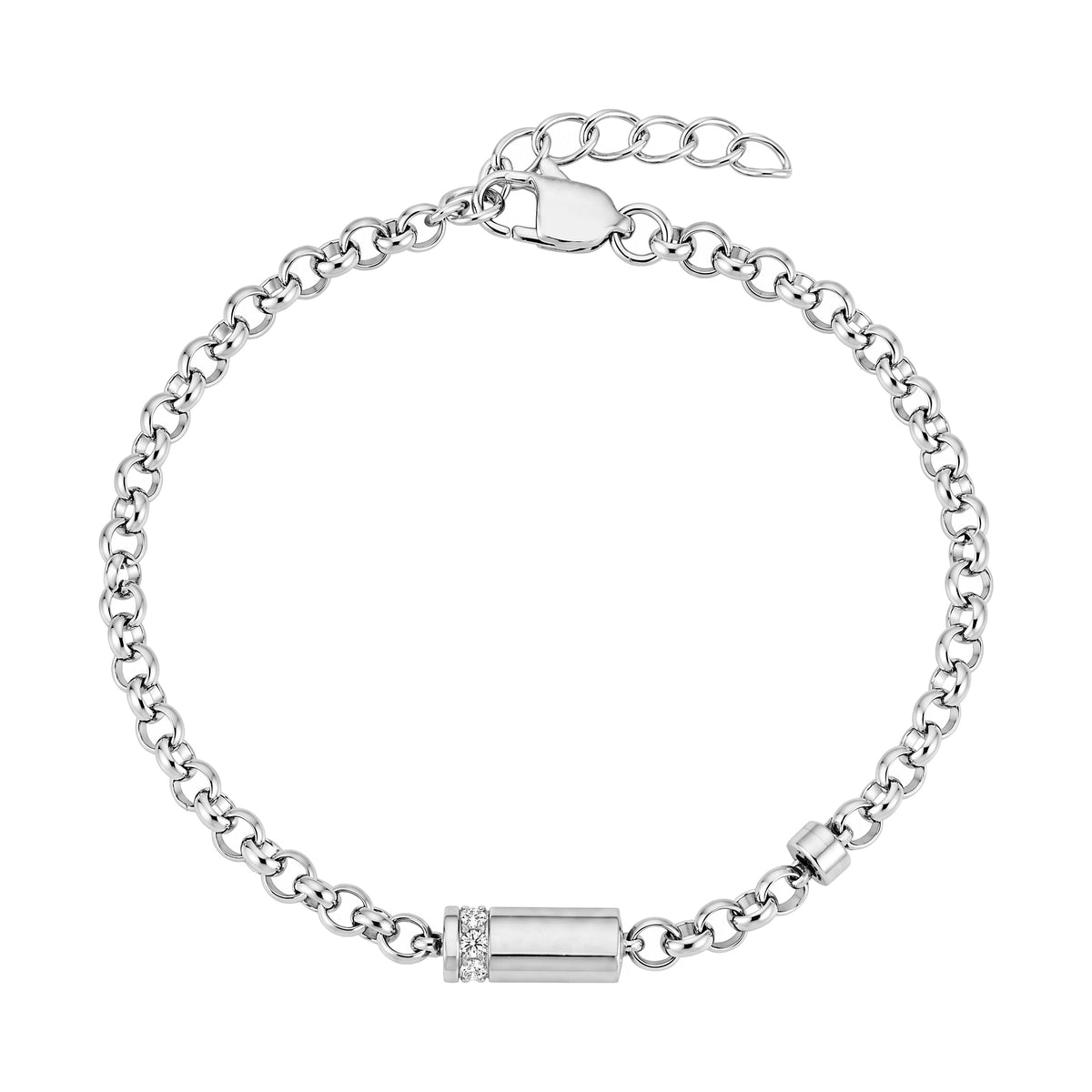 Silver lab diamond memorial bracelet in circular view, showing the diamond-set ash capsule and lobster clasp extension